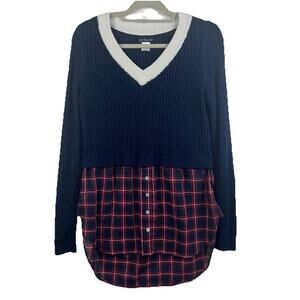 Venus Navy Red Plaid V Neck Sweater Large Shirt Tail Underlay Preppy Academia